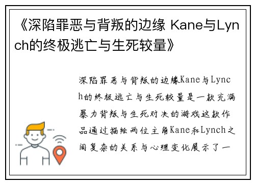 《深陷罪恶与背叛的边缘 Kane与Lynch的终极逃亡与生死较量》