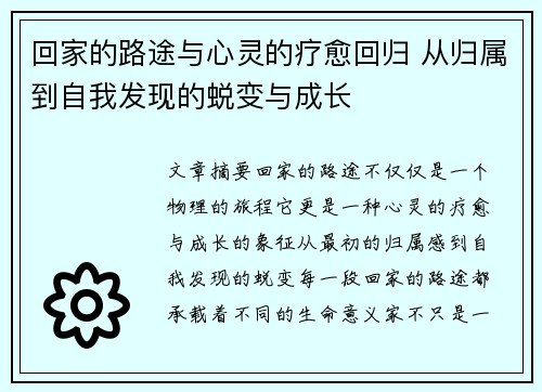 回家的路途与心灵的疗愈回归 从归属到自我发现的蜕变与成长